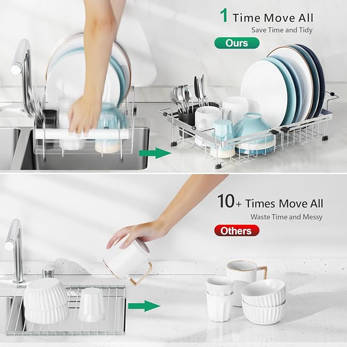 GSlife Expandable in Sink Dish Drying Rack - Stainless Steel Capacity Adjustable Over The Sink Dish Rack (13.4''-20.4''), Dish Drainer for Kitchen Sink Counter with Utensil Holder, Silver