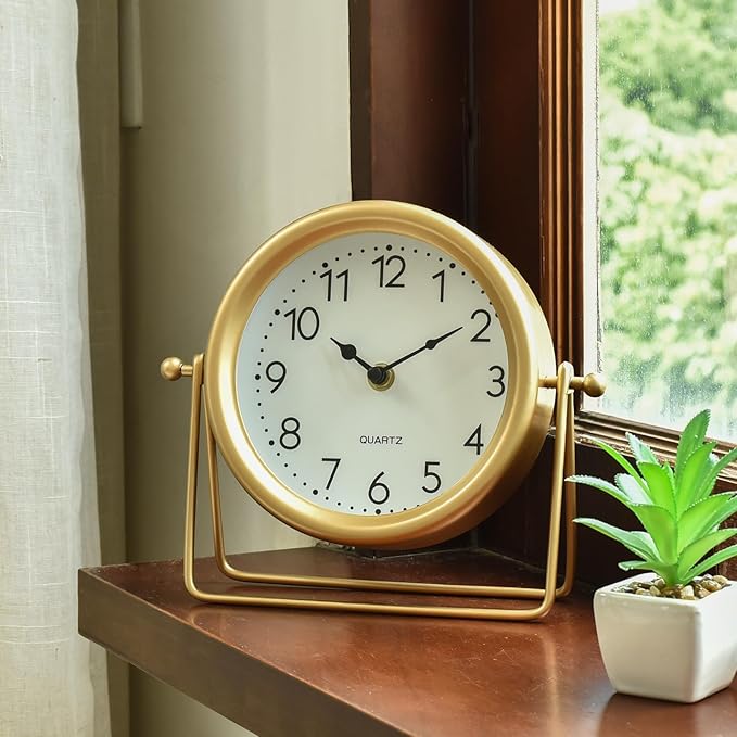 Vintage Golden Table Clock - Elegant Battery Operated Office, Living Room, and Bedroom Clock with Minimalist Design Gold Table Decor 22x19.5x5.5cm