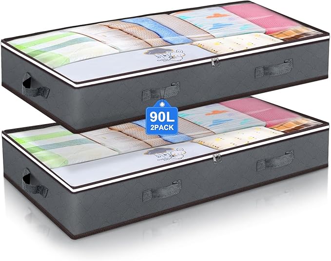 90L Under Bed Storage Containers, Underbed Toy Organizers and Clothing Storage Bags, Closet Storage Bins with Clear Window for Organizing Blanket Comforter Bedding Clothes Bedroom Dorm, 2 Pack