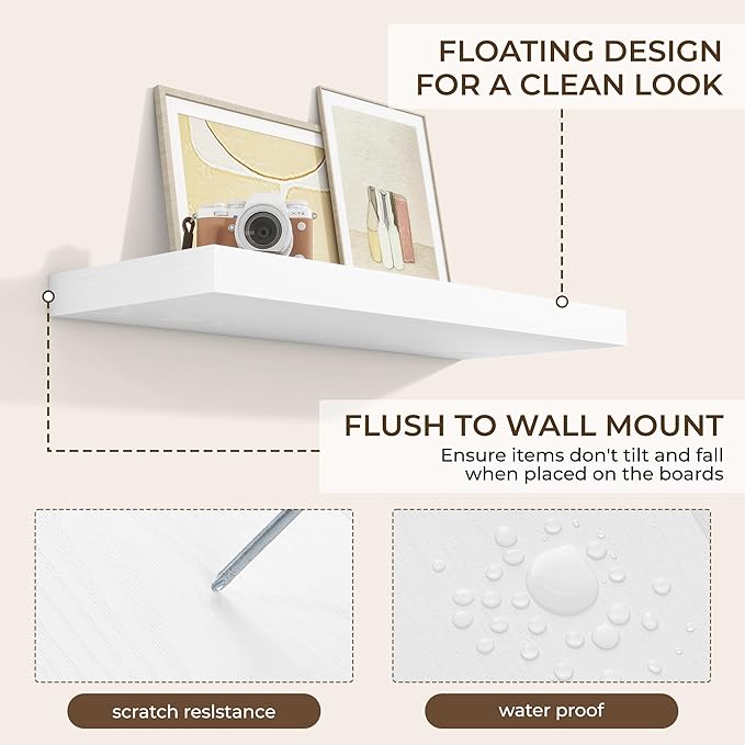 RICHFOCUS 36Inch Floating Shelves for Wall 2 Pack Shelves for Bedroom|Kitchen|Bathroom Wall Mounted Rustic Wood Floating Shelf with Invisible Brackets for Books|Storage|Decor, White