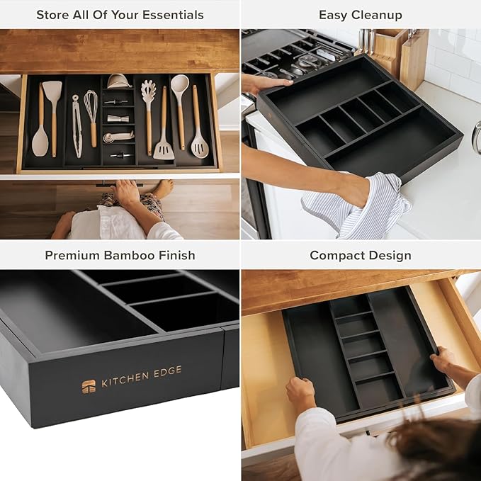 Adjustable Kitchen Drawer Organizer for Utensils and Junk, Food-Safe Contract Grade with 100% Sustainable Wood, Expandable from 19 to 33 Inches Wide - Black Bamboo