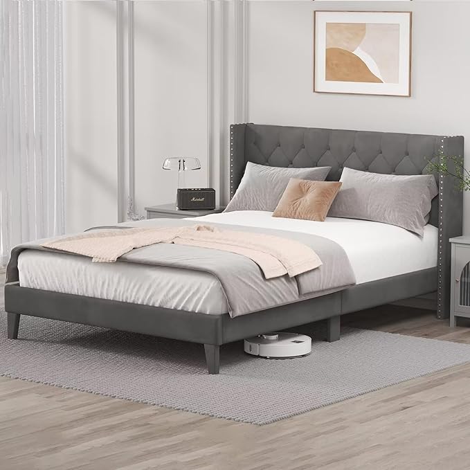 Full Size Bed Frame with LED Lights, Upholstered Bed Frame with Wingback Diamond Tufted Headboard, Wood Slats Support, Noise-Free, Easy Assembly, No Box Spring Needed, Grey
