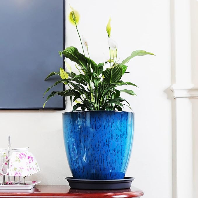 FixtureDisplays® Garden Plastic Round 11.8" Diameter 12" Tall Planter Resin Glazed Faux Ceramic Flower Pots Drainage Hole with Saucer Decorative Pot 15580-NF