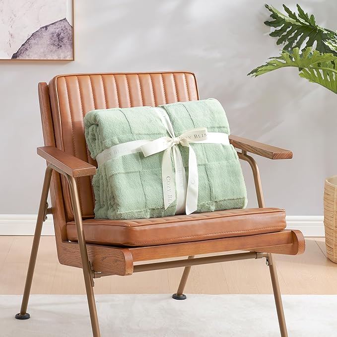 Cozy Bliss Checkered Large Faux Rabbit Fur Sage Green Twin Bed Blanket, Soft Fuzzy Fluffy Minky Furry Blankets for Couch, Bed, Adults (60 * 80 Inches Light Green)