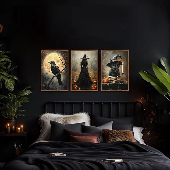 KAIRNE Framed Halloween Canvas Wall Art,Dark Witch Crow Prints,Black Cat Painting,Horror Gothic Pictures Set of 3 (16”X24”),Scary Halloween Wall Decor for Party Living Room Bedroom Office Decoration