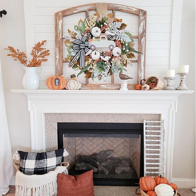 Fall Wreath for Front Door,20 inch White Pumpkin Door Wreath with Truck and Bow, Harvest Porch Decor, Fall Decoration Indoor Outdoor,