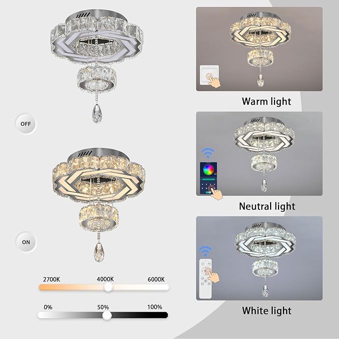 Flashing God Small Crystal Chandeliers Dia 12" Silver Chandelier Flush Mount Ceiling Light for Bedroom Living Room Dining Room Hallway Dimmable 3 Rings LED Celing Lighting Fixtures