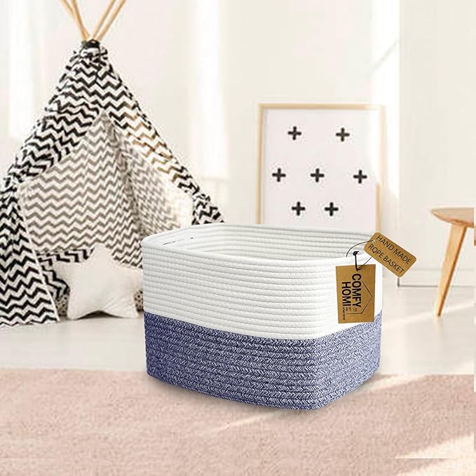 COMFY-HOMI 3 Pack Medium Cotton Rope Basket with Handles for Shelves, Dog Toy, Baby, Gift Organizing, Handwoven Craft - New Generation 13.5" x 11" x 9.5" (Navy Blue)