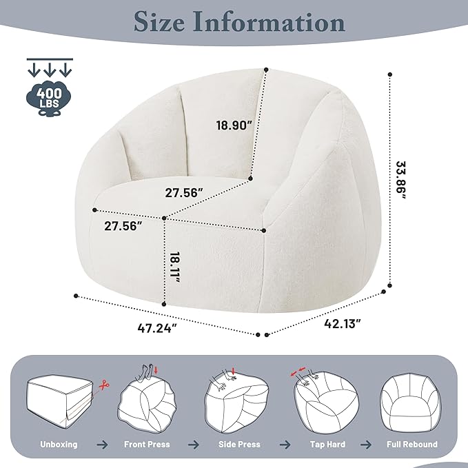 Giant Bean Bag Chair for Adults - Comfy Plush Round Shell Soft Accent Chair, Oversized Cozy Lounge Floor Sofa Reading Chair, Mini Couch for Living Room, Bedroom & Game Rooms, Beige
