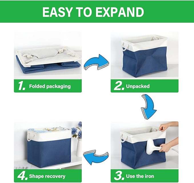 Bidtakay Extra Large Storage Baskets for Shelves 3 Pack Fabric Storage Bins for Organizing Linen Collapsible Organizer for Closet-White&Blue