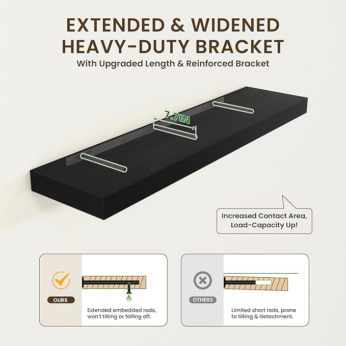 Black Floating Shelves for Wall - 55 Inch Wide x 12 Inch Deep Wall Shelves Set of 1 - Rustic Black Wood Shelves for Living Room, Bathroom, Laundry Room, Bedroom, Kitchen, Home Office