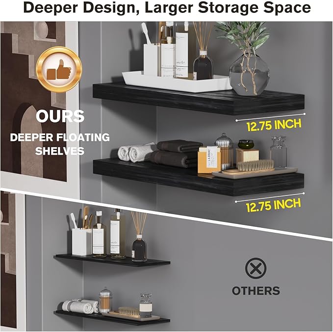 Floating Shelf, Set of 2 Wall Shelf, 24 in W x 12.75 in D x 2 in H Wooden Floating Wall Shelf with Invisible Brackets for Living Room/Bedroom/Bathroom/Kitchen Storage and Decor, Black Wood