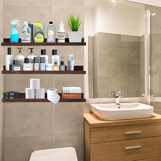 AZSKY Walnut Floating Shelves 24 Inch Picture Ledge Shelf for Wall Photo Shelves with Lip for Pictures Nursery Room Bookshelf Wood Wall Shelves Set of 3 for Bedroom Living Room Bathroom Kitchen