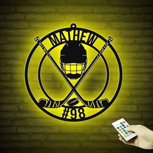 Custom Hockey Stick LED Sign – Personalized Name Signs, Neon Wall Light with Puck Metal Sign, Hockey Room Decor for Boys, Players, Man Cave, Fans, Coaches