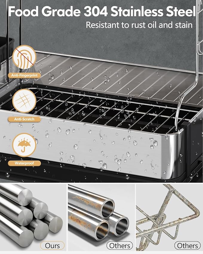 BOOSINY Dish Drying Rack with Drainboard, Stainless Steel Dish Rack, 2 Tier Extra Large Dish Drainer with Cup Holder and Utensil Holder for Kitchen Counter