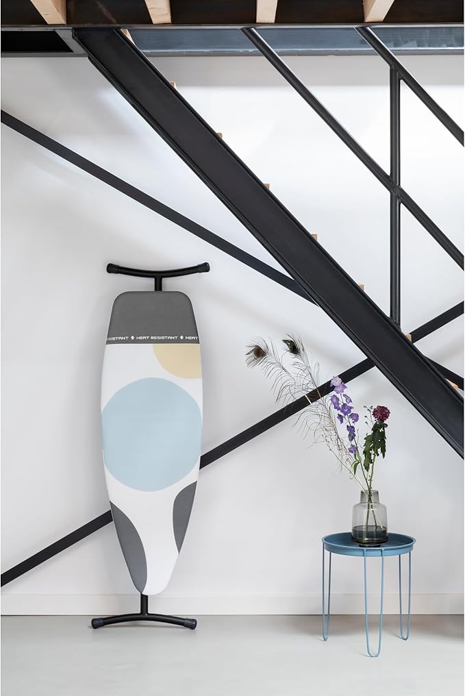 Brabantia Size D Ironing Board (53x18 in) Heat Resistant Parking Zone, Silver Frame, Non-Slip Feet, Suitable for Sit Down Ironing (Spring Bubbles)