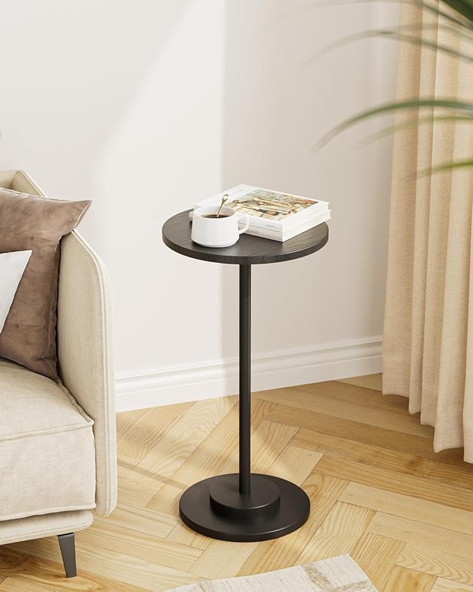 Masupu Drink Table, Round Side Table for Small Spaces, Pedestal Side Table, Small End Table with Metal Base, for Living Room, Bedroom, Bathroom, Black