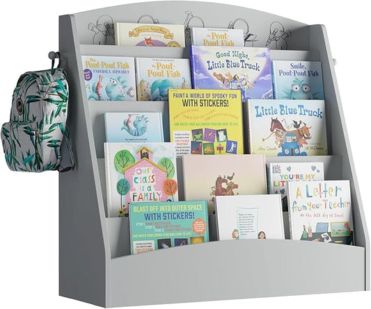 5-Tier Kids Bookshelf Montessori Toddler Book Rack Baby Bookcase Floor Front Facing Magazine Display Shelf for Bedroom Playroom Nursery Classroom Kindergarten Wood (Gray)