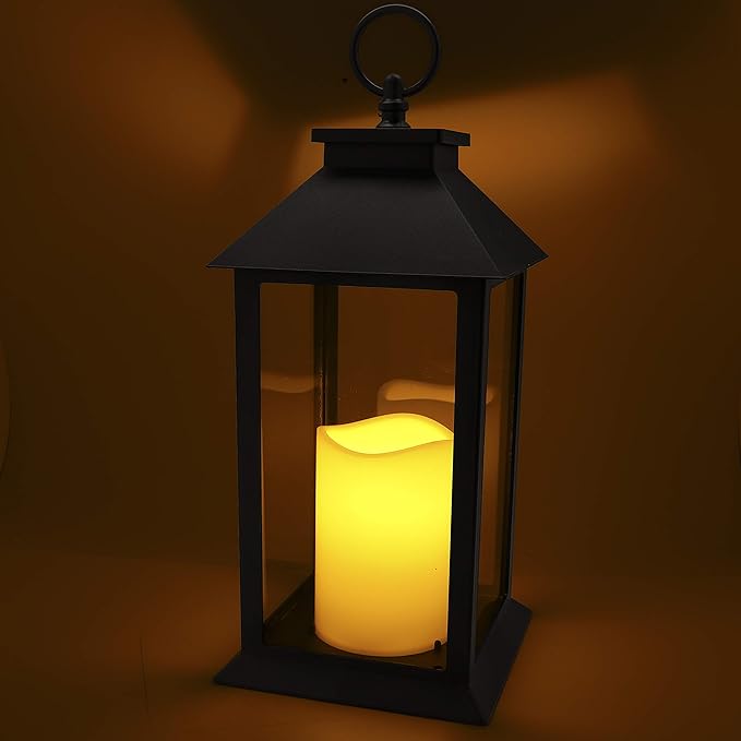 YAKii Hanging Glass Panes Lantern Portable Led Candle Light Operated by 3AAA Battery Use for Garden Yard, Indoor & Christmas Day Decoration etc (Black 2PCS)