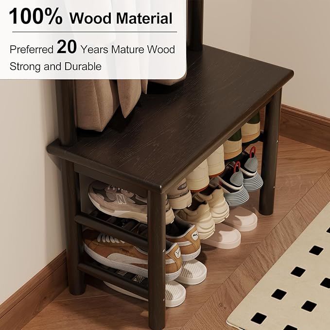 Coat Rack with Shoe Storage, Narrow Wooden Hall Tree with Bench, 11 Hooks and 2-Tier Storage Shelves, 3-in-1, Entryway Bench with Coat Rack (23.6"-Black)