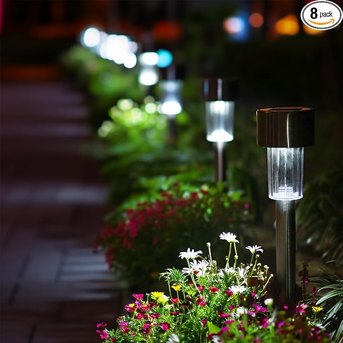 EcoGreen Outdoor Pathway Solar Light, 8pcs Pack,Garden Patio Balcony Walk Way Lights, Stainless Steel Leg, 5000K Daylight, IP65 Waterproof, 1.85 * 12.2in