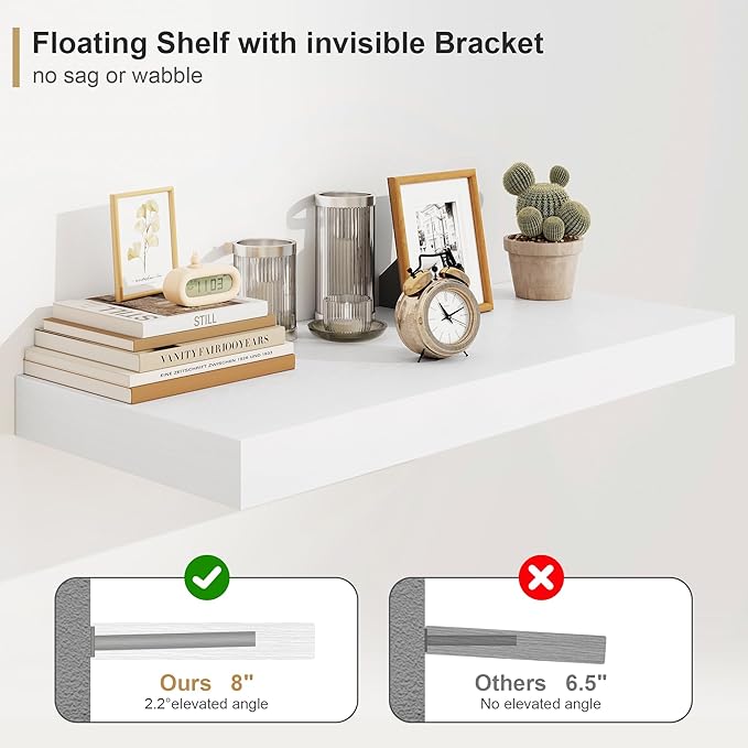 Heimlove 12" Deep White Floating Shelves for Wall, 24 Inch Wall Shelf Bathroom Shelves Set of 1, Wall Mounted Shelves for Books Living Room Laundry Room Bedroom Kitchen Home Office
