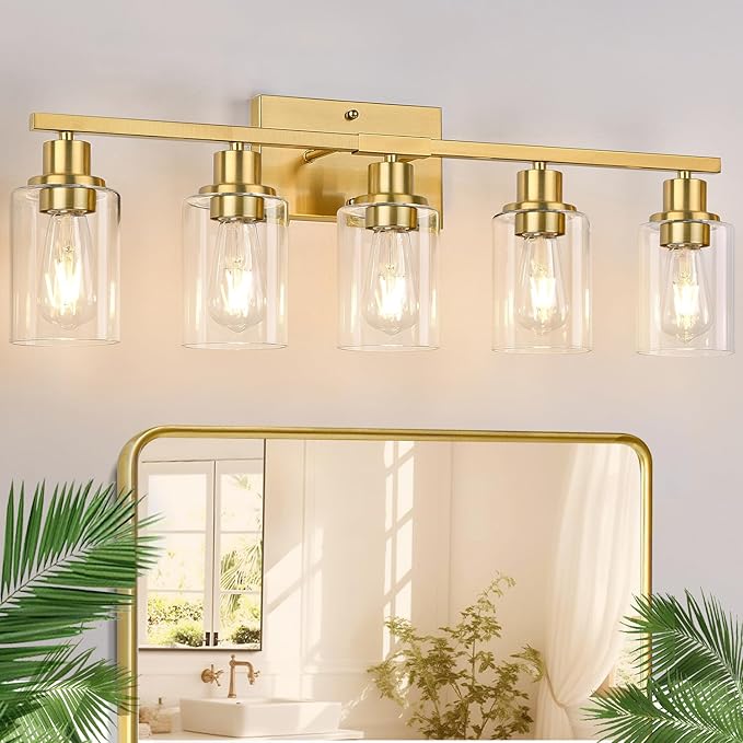 5-Light Bathroom Vanity Light with Clear Glass Shades, Brushed Gold Bathroom Light Fixtures Over Mirror, Modern Vanity Light for Mirror Living Room Cabinet Bedroom Porch