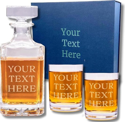 Gifts Inscribed Custom Text Whiskey Decanter & Glasses Set of 2 – Engraved Glass Cups Drinking Glasses Set of 2 – Personalized Whiskey Glasses Drinking Set – Customized Whisky Glassware Gift for Him