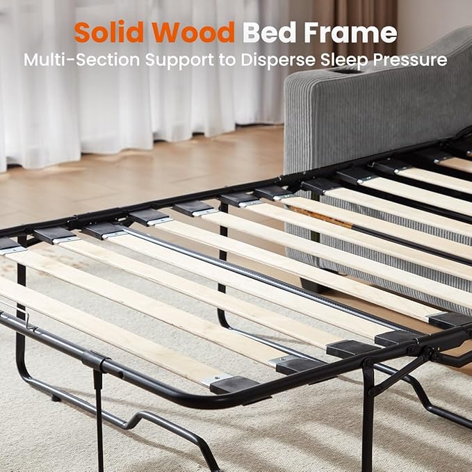 CHIC HOUSE Pull Out Sofa Bed, Full Size Sleeper Sofa, 2-in-1 Convertible Corduroy Couch with USB Charging, Memory Form Couch for Living Room, Apartment and Small Space (Grey, Corduroy - Full Size)