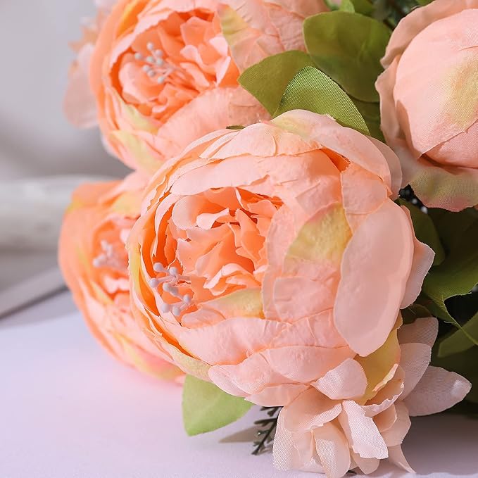 Duovlo Springs Flowers Artificial Silk Peony Bouquets Wedding Home Decoration,Pack of 1 (Spring Orange-Pink)