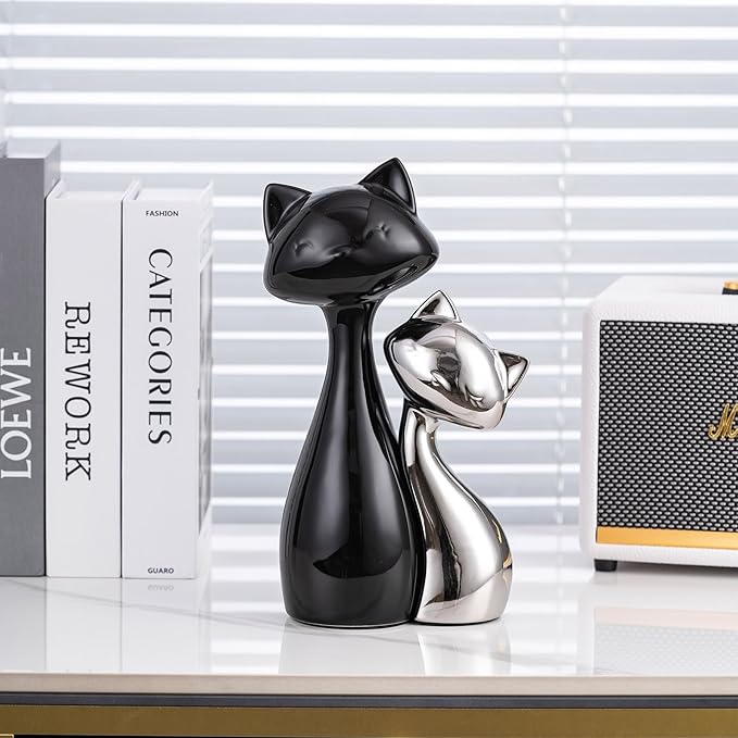 Ceramic Cat Statue Set, Black & Silver Cute Home Decor Figurines, Lucky Cats Desk Accessories for Cat Lovers, Memorial Cats Themed, Modern Collectible Decor for Bookshelf, Living Room