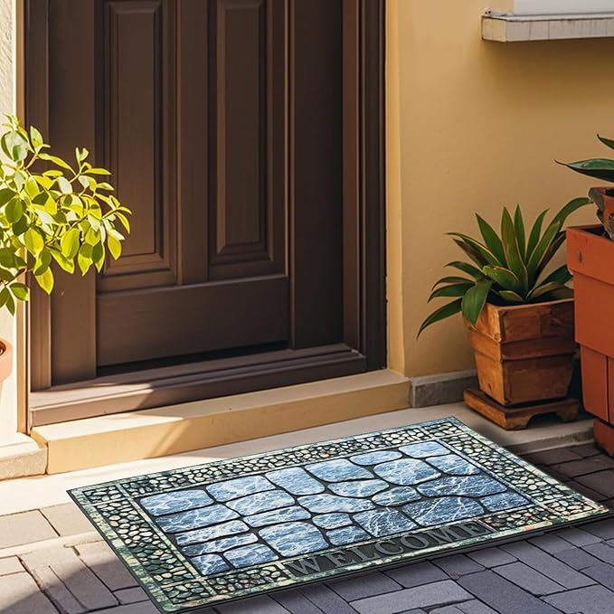 Door Mat Welcome Mat, Heavy Duty Door Mat 23.6 x 35.4 Inch Front Door Mat Rug Doormat for Outdoor Entrance Home Non-Slip Rubber Rug for Front Door, Outside, Entryway, Patio (Blue Welcome)