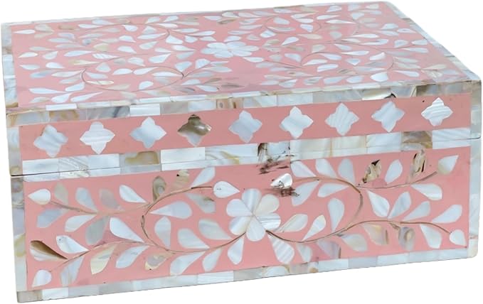 Decorative Storage Box Of Mother Of Pearl Inlay Floral Design Wooden Storage Box For Home Decoration For Living Dining & Bedroom (Pink_12x8x5 inch)