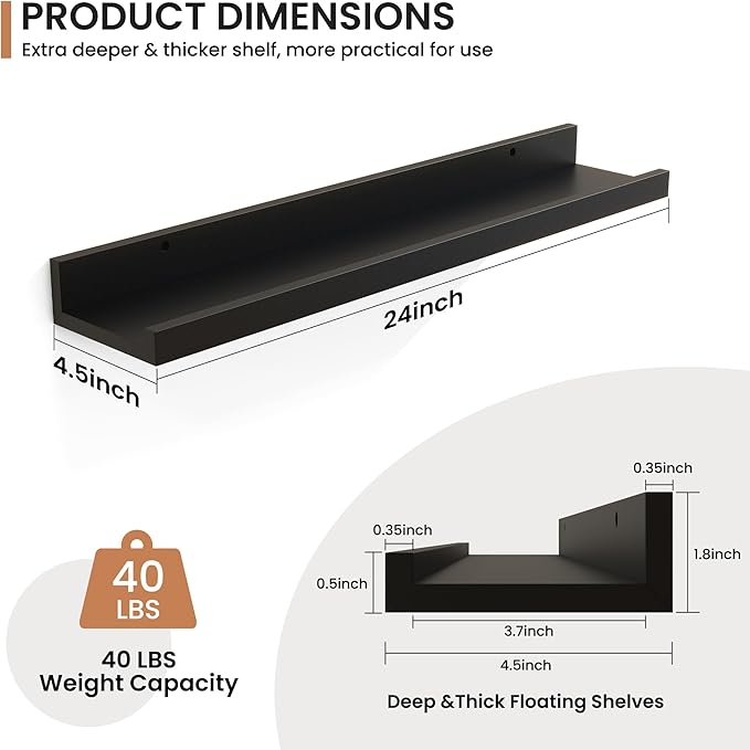 Fun Memories Picture Ledge Shelves Set of 2, 24 Inch Rustic Wall Mounted Floating Shelves with Lip for Home Storage and Décor in Bathroom, Kitchen, Nursery, Bedroom, Living Room, Black