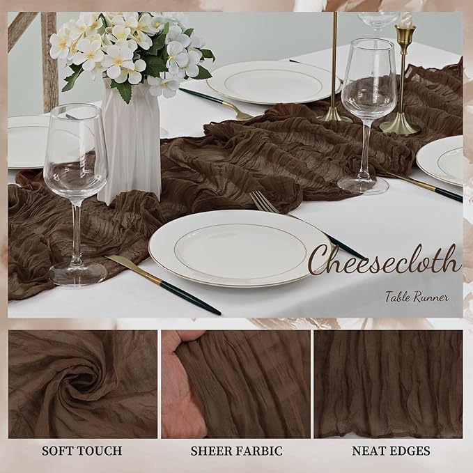 10FT 6 Pack Brown Cheesecloth Table Runner 20 x 120 Inch Long Boho Fabric Rustic Cheese Cloth Table Runner for Wedding Bridal Shower Baby Shower Gauze Sheer Birthday Party Table Decorations