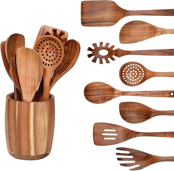 9 PCS Kitchen Utensils Set - Wooden Spoons for Cooking, Natural Teak Wooden Utensils - Includes Wooden Spoons, Spatula Set, Slotted Spoon - Handmade Wooden Spoon Set