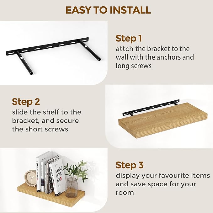 Floating Shelves 48 Inch Long, 48"W x 9"D Wall Shelf Invisible Bracket, 9 Inch Deep Floating Shelf for Wall, Rustic Wooden Shelves for Living Room, Kitchem, Bedroom, Oak Color, Set of 1