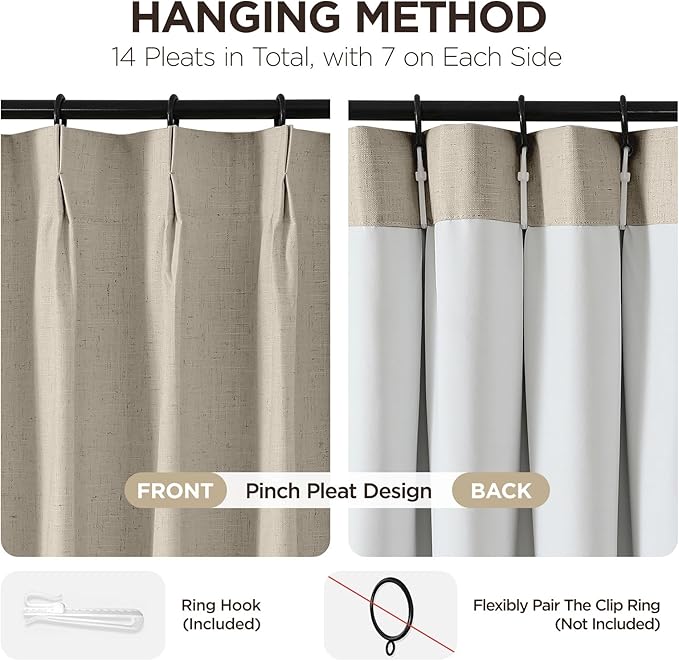 Joydeco Pinch Pleated Linen Curtains for Living Room, 100% Blackout Darkening Curtains 72 inches Length 2 Panel Thermal Insulated Pinch Pleat Drapes(Cobblestone,40'' Wx72'' L)