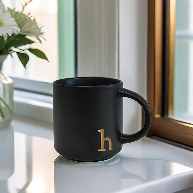 COLLECTIVE HOME - Black Monogram Ceramic Mugs, 15 oz Golden Initial Coffee Cups, Elegant Alphabet Tea Mugs, Personalized Halloween Mug with Gift Box, Perfect for Office and Home Décor (h)