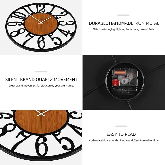 Maxstar Round Wall Clock for Living Room Decor Battery Operated Non Ticking Black Metal Wood Clocks for Home Living Room Garden Office Kitchen Decoration -20 inch