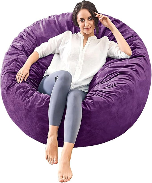 Bean Bag Chairs for Adults - Memory Foam Furniture BeanBag Chair - Kids/Teens Sofa with Soft Micro Fiber Cover - Round Fluffy Couch for Living Room Bedroom College Dorm - 3 ft, Purple