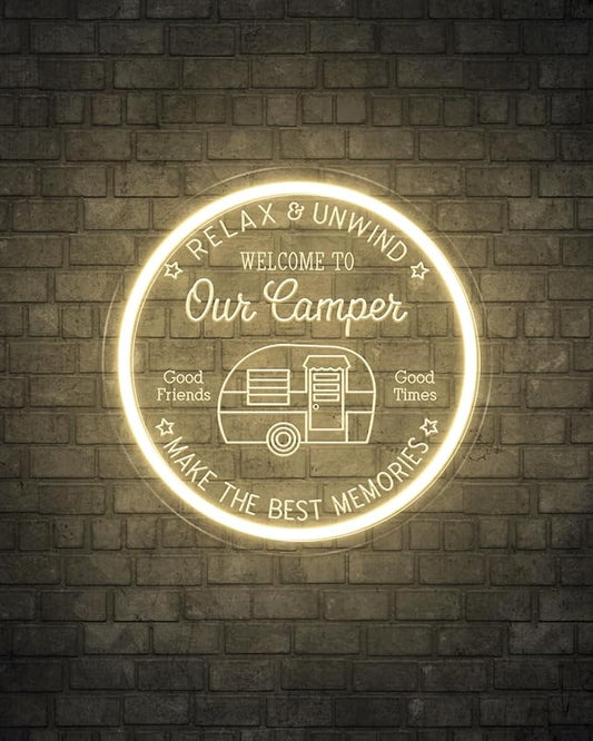 Camper LED Neon Sign for Camping Party Decor, Dimmable Neon Wall Lights Signs for Backyard Patio Garden BBQ Touring Car Decoration, 3D Art Light Up Sign for Housewarming Birthday Gifts