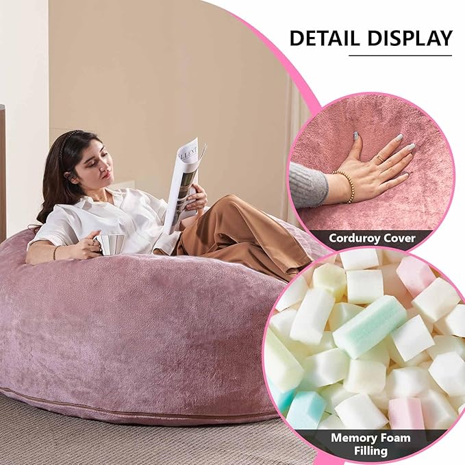 4FT Large Bean Bag Chairs,Big Adult Size Memory Foam Beanbags with Filler Included,Machine Washable Corduroy Cover,Ultra Soft Plush Gaming Bing Bag Puff Chair for Dorm, Living Room & Bedroom (Pink)
