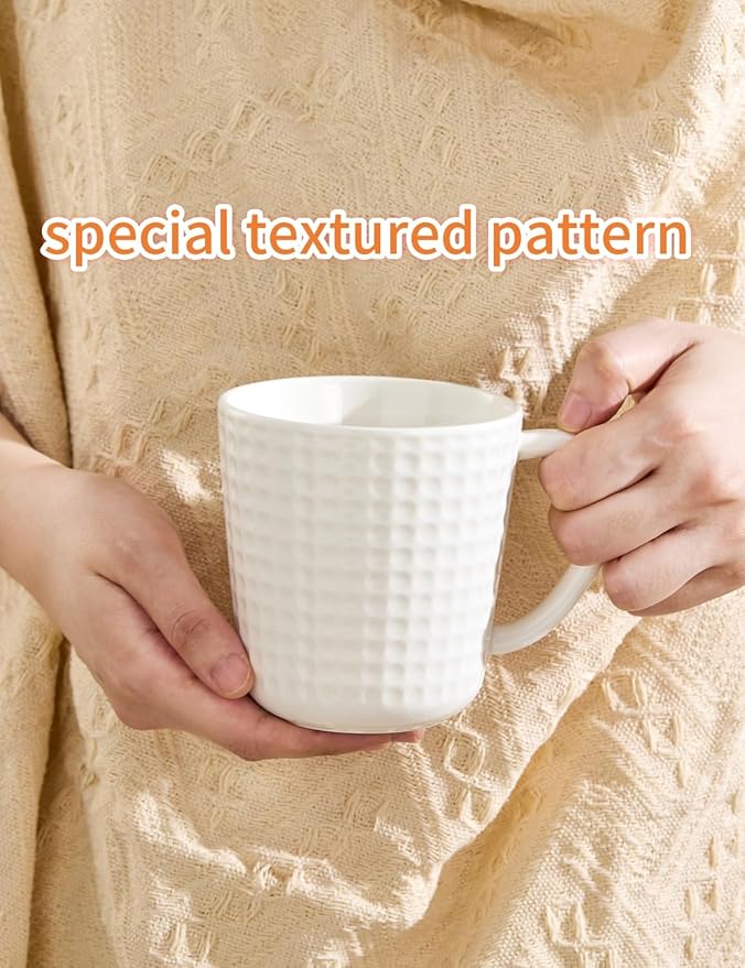 Ceramic Coffee Mugs 15 oz, Large Waffle Embossed Mug Set, Coffee Cups for Latte, Cappuccino, Cocoa, Hot Tea, Mocha, Milk, Housewarming Wedding Present, Microwave & Dishwasher Safe - Set of 6 (White)