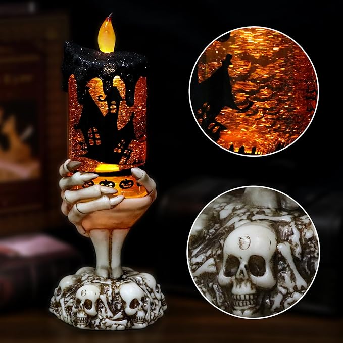 Eldnacele Halloween Snow Globe Candles Lighted Lamp USB Powered Battery Operated Spooky Spinning Water Glittering Tornado Flameless Candles Skeleton Hand Holder Halloween Centerpiece Decor(Castle)
