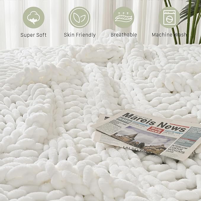 Esterra Chunky Knit Blanket Throw, 100% Handmade Chenille Throw Blanket 40"x50", Soft Thick Yarn Cable Knit Crochet Throw Blanket Rope Knot Throw for Couch Bed Sofa, Bright White