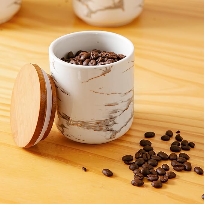 Ceramic Canister Set with Bamboo Airtight Lids, 3-Piece Kitchen Storage Jars (48oz, 30oz, 12oz) – White with Gold Marble Pattern, Glossy Finish, for Coffee, Sugar, Flour & More