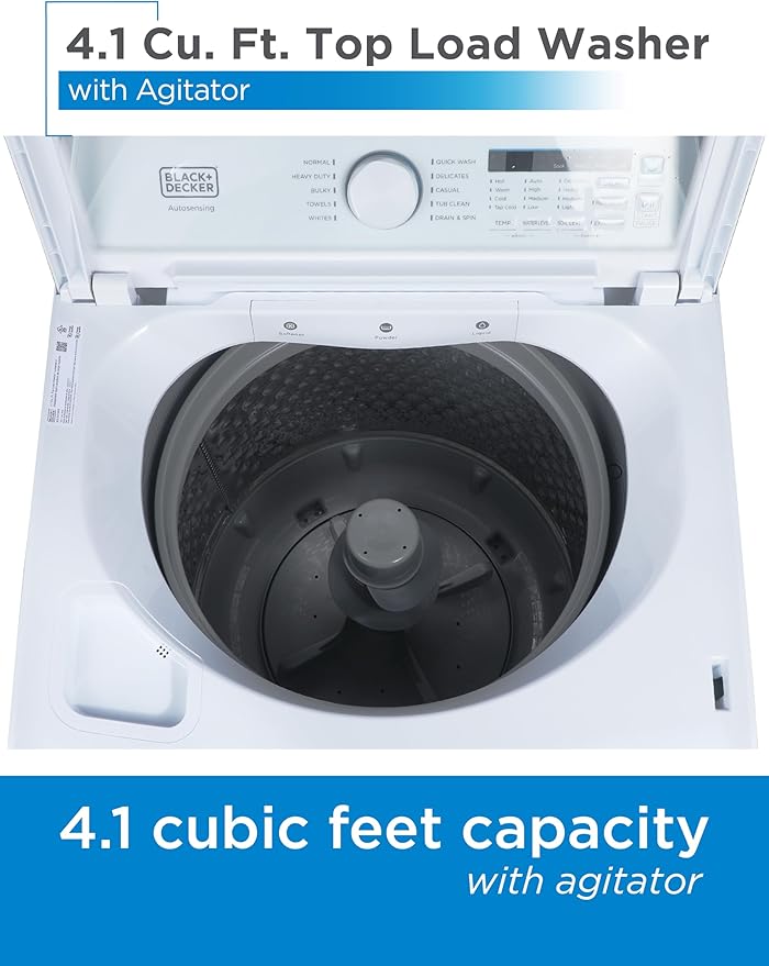 BLACK+DECKER 4.1 Cu. Ft. Top Loading Washing Machine with Agitator, Full Size Washing Machine with Glass Lid and Stainless Steel Tub, Machine with LED Display, 10 Wash Cycles, 120V, BTLW41MW, White