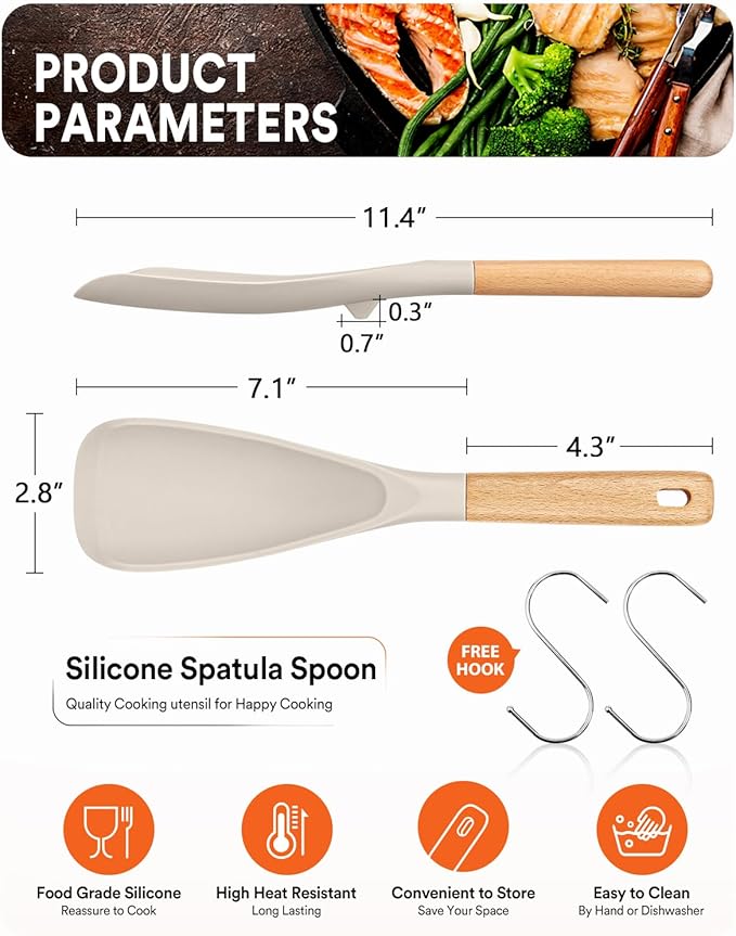 Cooking Spoon for Nonstick Cookwares, Great for Cooking and Serving Sturdy BPA-Free Matte Silicone, Wood Handle Spoon for Mixing, Scoop, and Scrape (2 Pack of Khaki, 11.4 inch)
