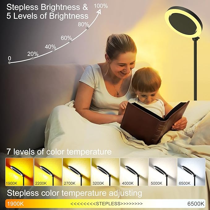 36W Bright LED Floor Lamp for Living Room with Remote, 75.5 Inch Tall Stepless Dimmable Standing Lamp for Office, Torchiere Floor Lamp with 2 Rotatable Lights 1900K-6500K for Bedroom